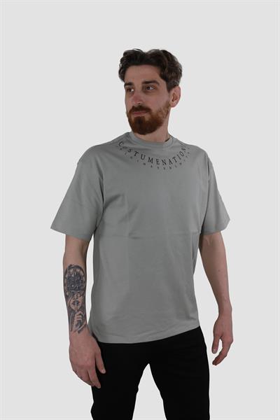 Erkek Bisiklet Yaka Yazı Baskılı Pamuklu Oversize Tişört 3125-HAKİ