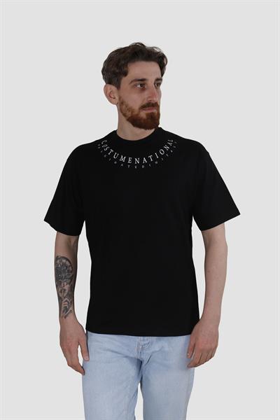 Erkek Bisiklet Yaka Yazı Baskılı Pamuklu Oversize Tişört 3125-SİYAH