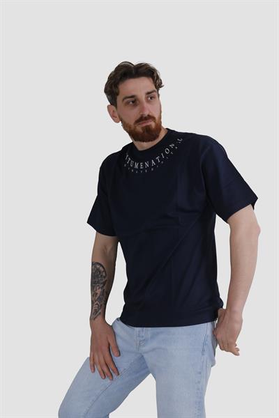 Erkek Bisiklet Yaka Yazı Baskılı Pamuklu Oversize Tişört 3125-LACİVERT