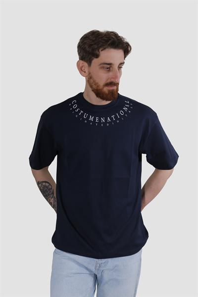 Erkek Bisiklet Yaka Yazı Baskılı Pamuklu Oversize Tişört 3125-LACİVERT