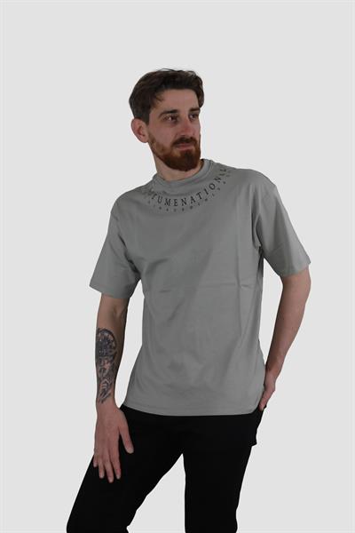 Erkek Bisiklet Yaka Yazı Baskılı Pamuklu Oversize Tişört 3125-HAKİ