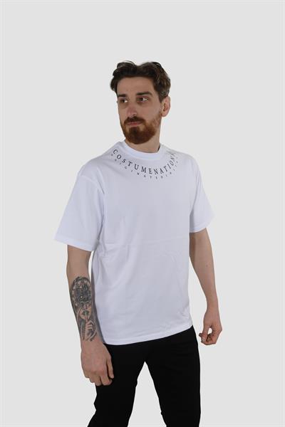 Erkek Bisiklet Yaka Yazı Baskılı Pamuklu Oversize Tişört 3125-BEYAZ