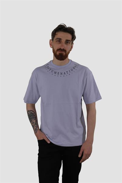 Erkek Bisiklet Yaka Yazı Baskılı Pamuklu Oversize Tişört 3125-LİLA