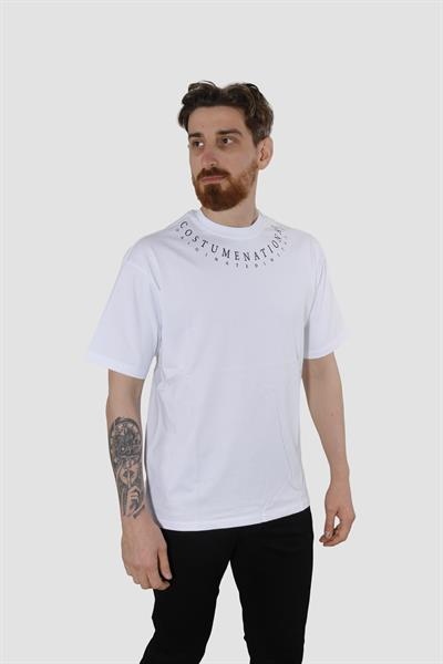 Erkek Bisiklet Yaka Yazı Baskılı Pamuklu Oversize Tişört 3125-BEYAZ
