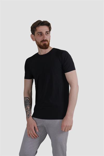 Erkek Bisiklet Yaka Basic Düz Pamuklu Slim Fit Tişört 3135-SİYAH