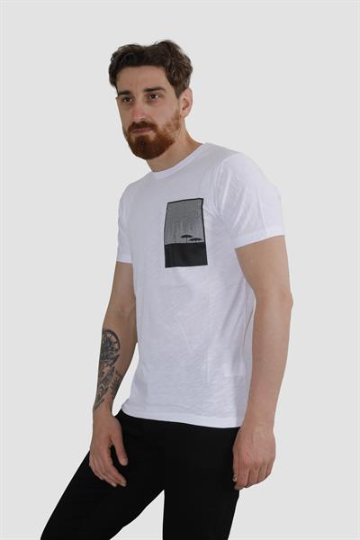 Erkek Bisiklet Yaka Baskılı Pamuklu Slim Fit Tişört 3148-BEYAZ