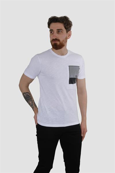 Erkek Bisiklet Yaka Baskılı Pamuklu Slim Fit Tişört 3148-BEYAZ