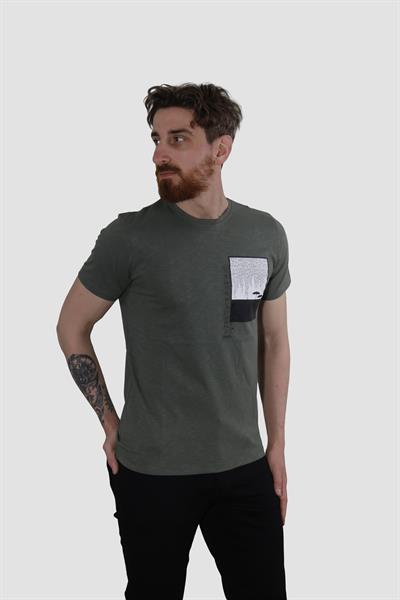 Erkek Bisiklet Yaka Baskılı Pamuklu Slim Fit Tişört 3148-KOYU YEŞİL