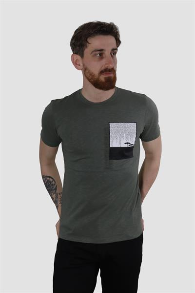 Erkek Bisiklet Yaka Baskılı Pamuklu Slim Fit Tişört 3148-KOYU YEŞİL