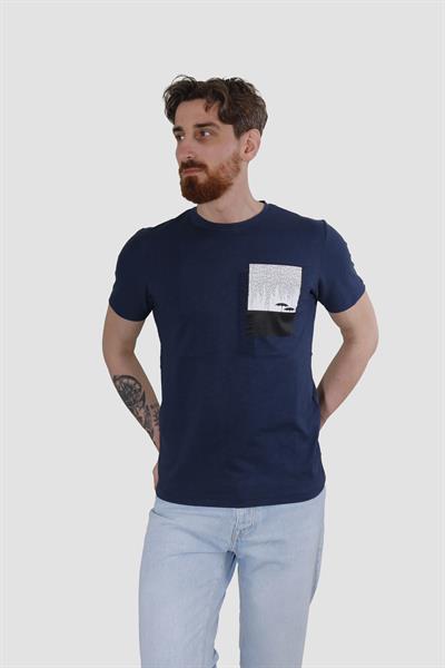 Erkek Bisiklet Yaka Baskılı Pamuklu Slim Fit Tişört 3148-LACİVERT