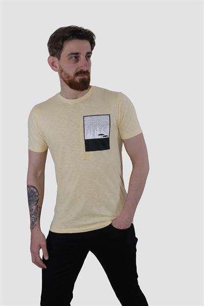 Erkek Bisiklet Yaka Baskılı Pamuklu Slim Fit Tişört 3148-SARI