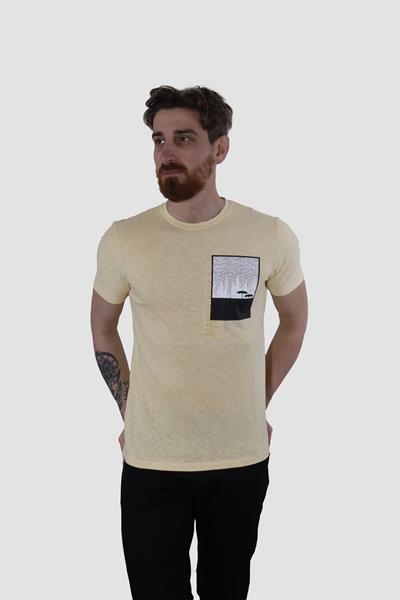 Erkek Bisiklet Yaka Baskılı Pamuklu Slim Fit Tişört 3148-SARI