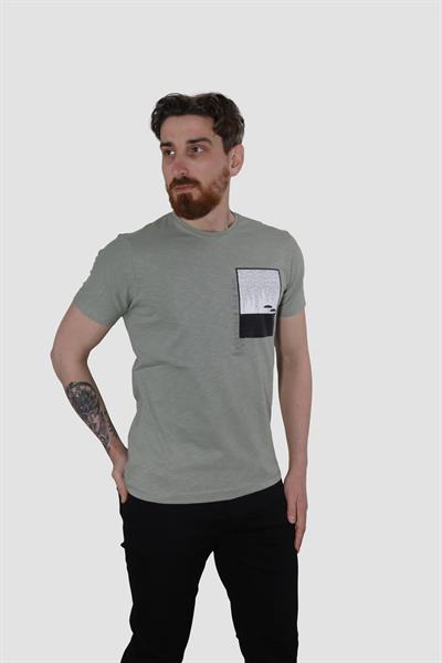 Erkek Bisiklet Yaka Baskılı Pamuklu Slim Fit Tişört 3148-YEŞİL