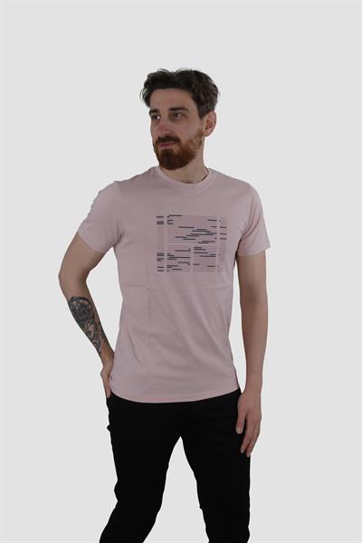 Erkek Bisiklet Yaka Basklı Pamuklu Slim Fit Tişört 3170-AÇIK GÜL