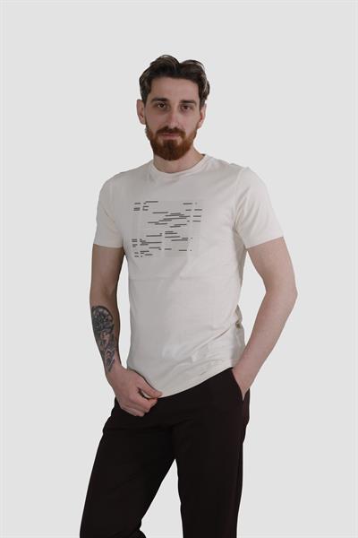 Erkek Bisiklet Yaka Basklı Pamuklu Slim Fit Tişört 3170-BEJ