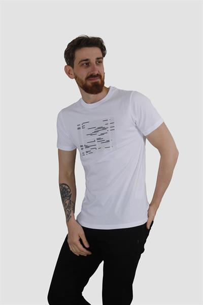 Erkek Bisiklet Yaka Basklı Pamuklu Slim Fit Tişört 3170-BEYAZ