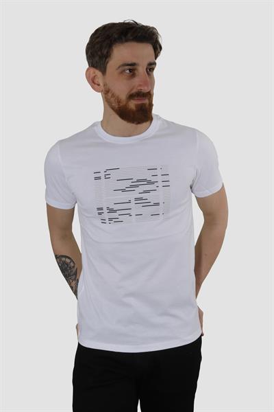 Erkek Bisiklet Yaka Basklı Pamuklu Slim Fit Tişört 3170-BEYAZ