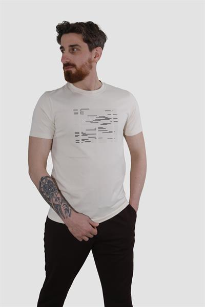 Erkek Bisiklet Yaka Basklı Pamuklu Slim Fit Tişört 3170-BEJ