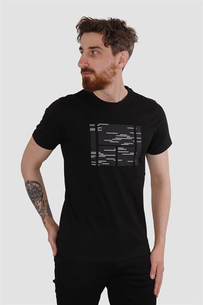Erkek Bisiklet Yaka Basklı Pamuklu Slim Fit Tişört 3170-SİYAH