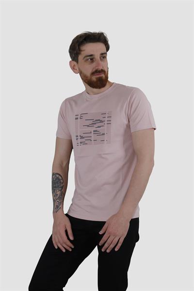 Erkek Bisiklet Yaka Basklı Pamuklu Slim Fit Tişört 3170-AÇIK GÜL