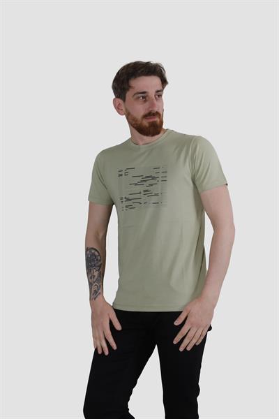 Erkek Bisiklet Yaka Basklı Pamuklu Slim Fit Tişört 3170-YEŞİL