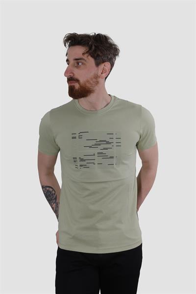 Erkek Bisiklet Yaka Basklı Pamuklu Slim Fit Tişört 3170-YEŞİL