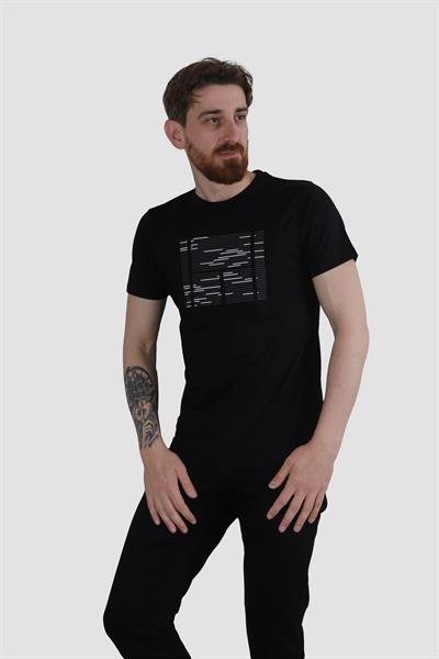 Erkek Bisiklet Yaka Basklı Pamuklu Slim Fit Tişört 3170-SİYAH