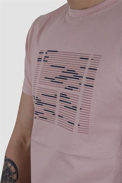Erkek Bisiklet Yaka Basklı Pamuklu Slim Fit Tişört 3170-AÇIK GÜL