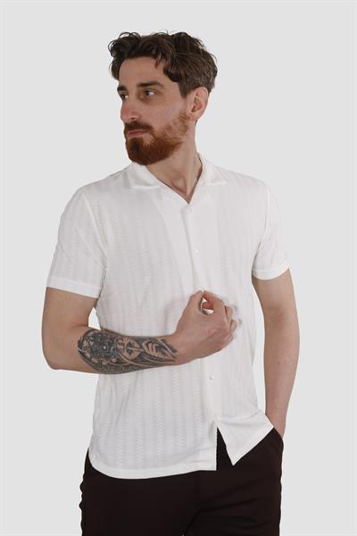 Erkek Pamuklu Apaçi Yaka Dokuma Slim Fit Yazlık Gömlek 3201-G-BEYAZ