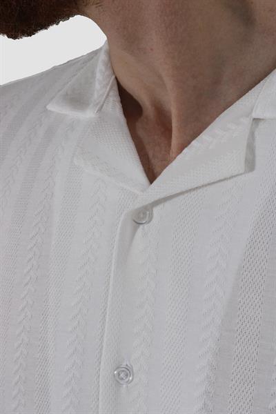 Erkek Pamuklu Apaçi Yaka Dokuma Slim Fit Yazlık Gömlek 3201-G-BEYAZ
