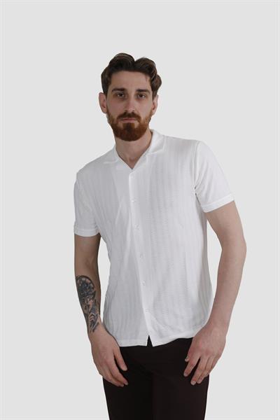 Erkek Pamuklu Apaçi Yaka Dokuma Slim Fit Yazlık Gömlek 3201-G-BEYAZ