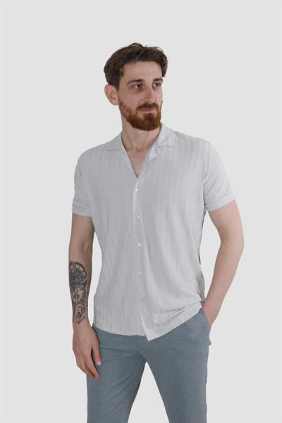 Erkek Pamuklu Apaçi Yaka Dokuma Slim Fit Yazlık Gömlek 3201-G-TAŞ