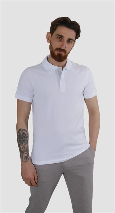 Erkek Polo Yaka Düz Pamuklu Slim Fit Tişört 3225Y-BEYAZ