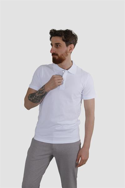 Erkek Polo Yaka Düz Pamuklu Slim Fit Tişört 3225Y-BEYAZ