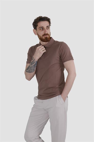 Erkek Polo Yaka Düz Pamuklu Slim Fit Tişört 3225Y-KAHVE