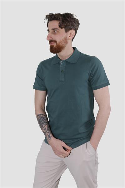 Erkek Polo Yaka Düz Pamuklu Slim Fit Tişört 3225Y-KOYU YEŞİL
