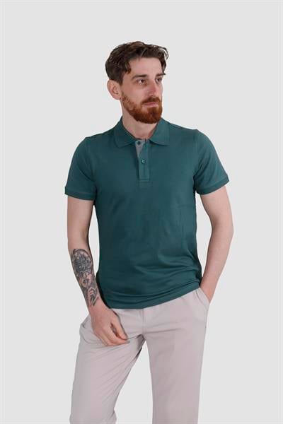 Erkek Polo Yaka Düz Pamuklu Slim Fit Tişört 3225Y-KOYU YEŞİL