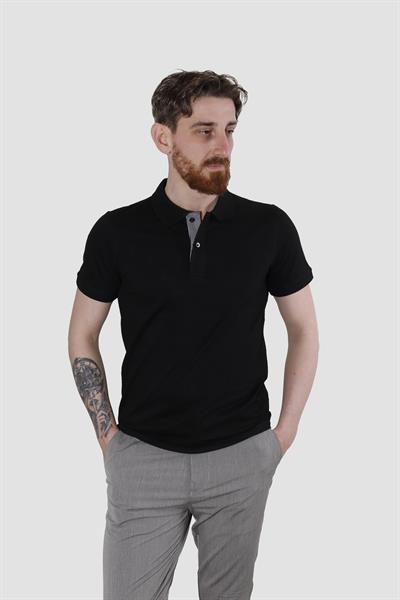 Erkek Polo Yaka Düz Pamuklu Slim Fit Tişört 3225Y-SİYAH
