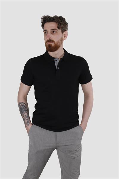 Erkek Polo Yaka Düz Pamuklu Slim Fit Tişört 3225Y-SİYAH