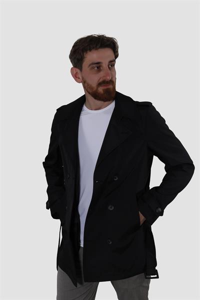 Erkek Kısa Kruvaze Trençkot Slim Fit 4030-SİYAH