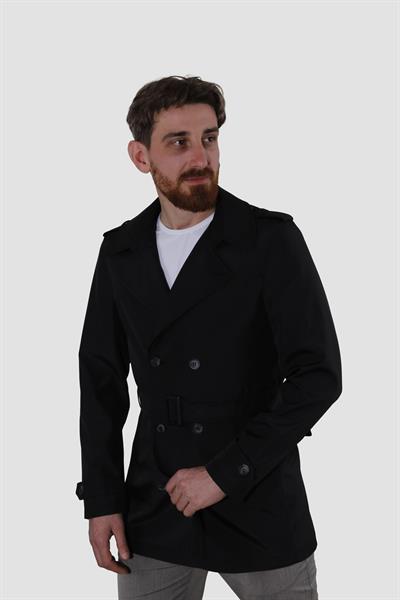 Erkek Kısa Kruvaze Trençkot Slim Fit 4030-SİYAH