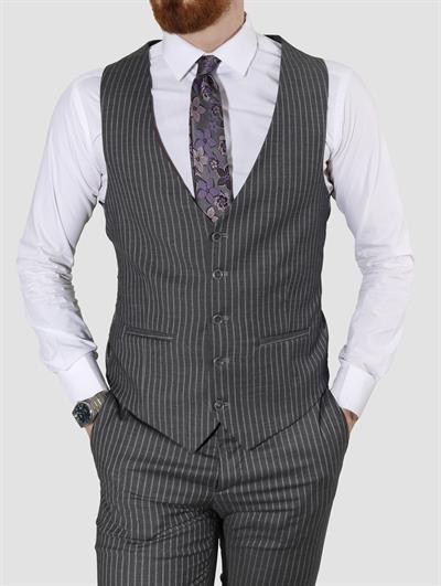 Erkek Çizgili Yelekli Slim Fit Takım Elbise CML158-GRİ