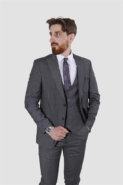 Erkek Çizgili Yelekli Slim Fit Takım Elbise CML158-GRİ