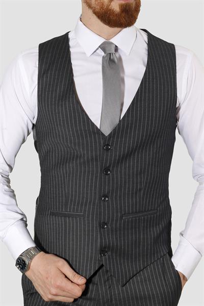 Erkek Çizgili Yelekli Slim Fit Takım Elbise CML158-FÜME