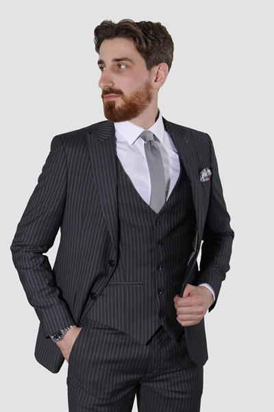 Erkek Çizgili Yelekli Slim Fit Takım Elbise CML158-FÜME