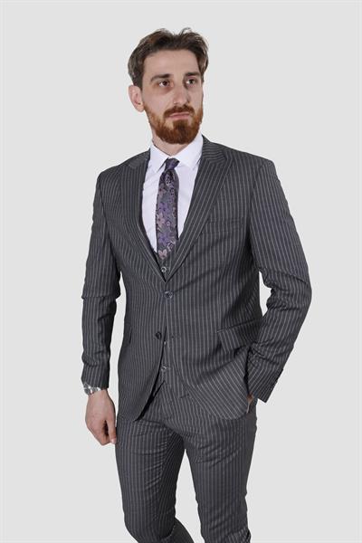 Erkek Çizgili Yelekli Slim Fit Takım Elbise CML158-GRİ