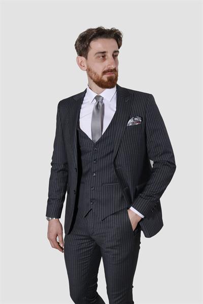 Erkek Çizgili Yelekli Slim Fit Takım Elbise CML158-FÜME