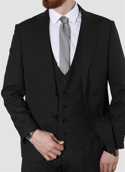 Erkek Çizgili Yelekli Slim Fit Takım Elbise MK37-SİYAH