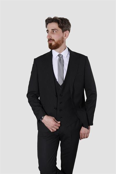 Erkek Çizgili Yelekli Slim Fit Takım Elbise MK37-SİYAH