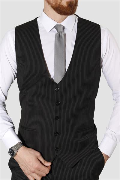 Erkek Çizgili Yelekli Slim Fit Takım Elbise MK37-SİYAH